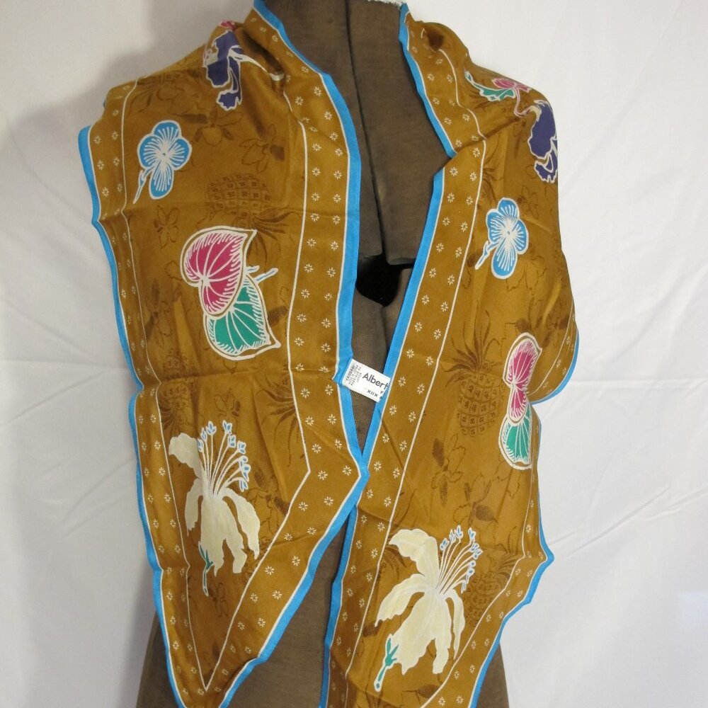 Albert Nipon silk scarf in golden brown with light blue border and floral patter